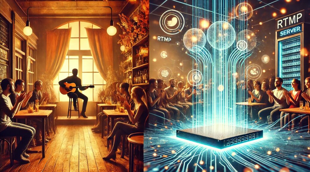 A split-screen design showing two contrasting scenes. On the left, a cozy café with a musician playing guitar, bathed in warm, golden light. A small audience is gathered, clapping and smiling. On the right, a digital, futuristic scene with a glowing RTMP server at its center, surrounded by streams of data flowing like rivers of light. The streams connect to various devices—phones, laptops, and tablets—held by people around the world. The background is a mix of café warmth and digital blue, symbolizing the blend of real-world moments and the technology that brings them to life.